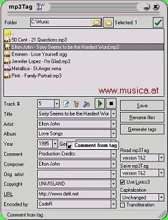 mp3Tag erlaubt Ihnen die Information, die in MP3-Tags (ID3v1 mit Lyrics3 Unterstützung und ID3v2), APE (Monkey's Audio) und Ogg Vorbis Dateien gespeichert ist, anzuschauen und auch beliebig zu editieren